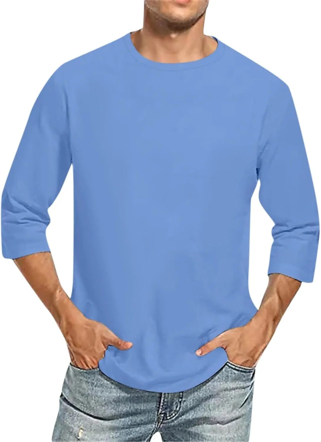 3/4 Sleeve Shirt for Men Casual Crew Neck Baseball T-Shirts Solid Color Loose Fit Tees Three Quarter Sleeve T Shirts