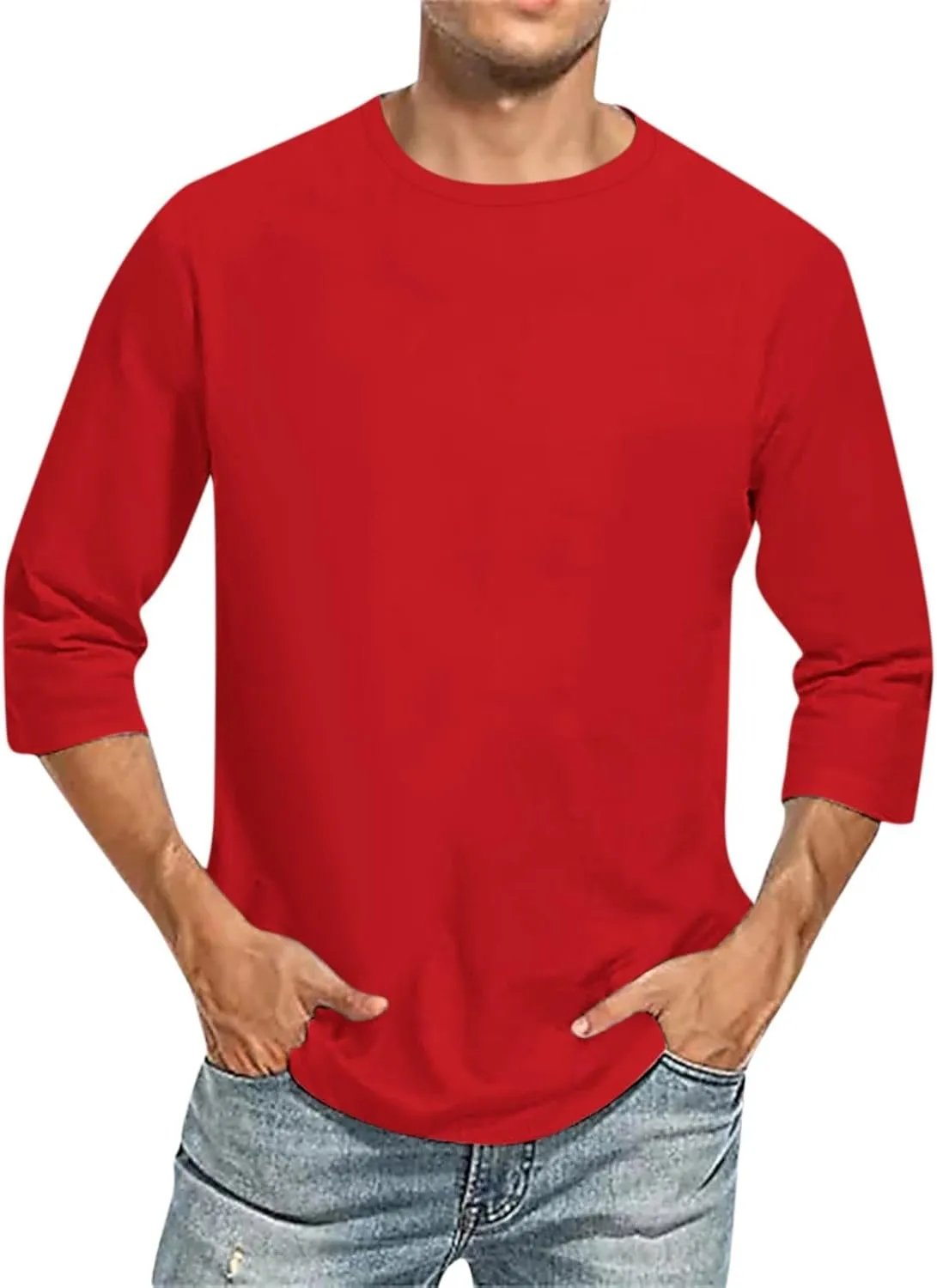 3/4 Sleeve Shirt for Men Casual Crew Neck Baseball T-Shirts Solid Color Loose Fit Tees Three Quarter Sleeve T Shirts
