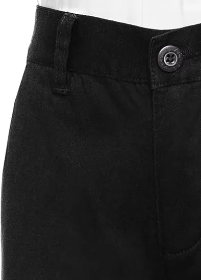 Boys Uniform Straight Twill Pant - Flat Front Wrinkle Free Cotton Slacks - Black