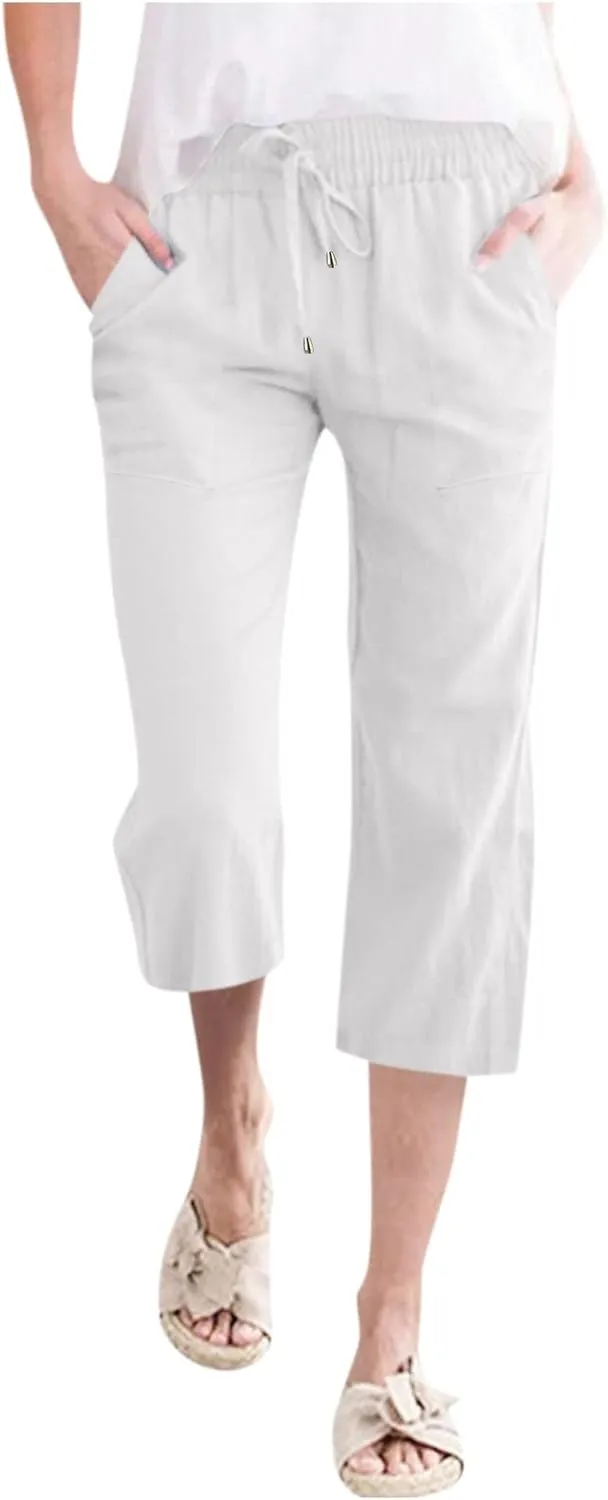 Capris For Women Petite Length Wide Leg Cotton Linen Summer Beach Vacation Cropped Trouser Loose Fit 2024 Sweatpant