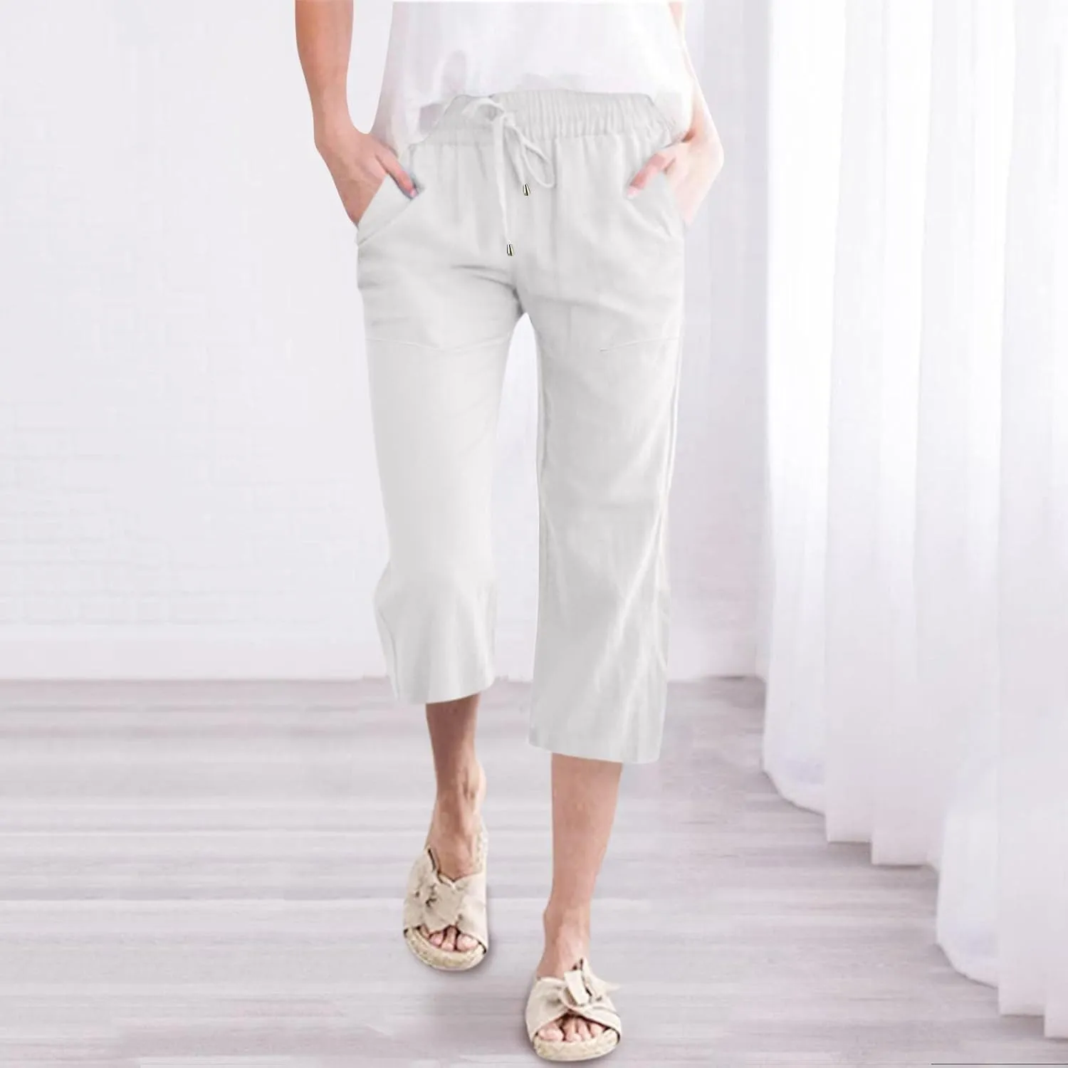 Capris For Women Petite Length Wide Leg Cotton Linen Summer Beach Vacation Cropped Trouser Loose Fit 2024 Sweatpant