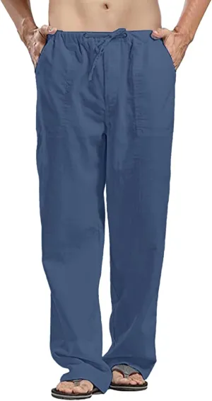 Casual Linen Pants for Men Baggy Drawstring Elastic Waist Classic Fit Trousers Work Sweatpants Multi Pockets Chino Pant Stretch Mens Thermal Underwear Bottoms