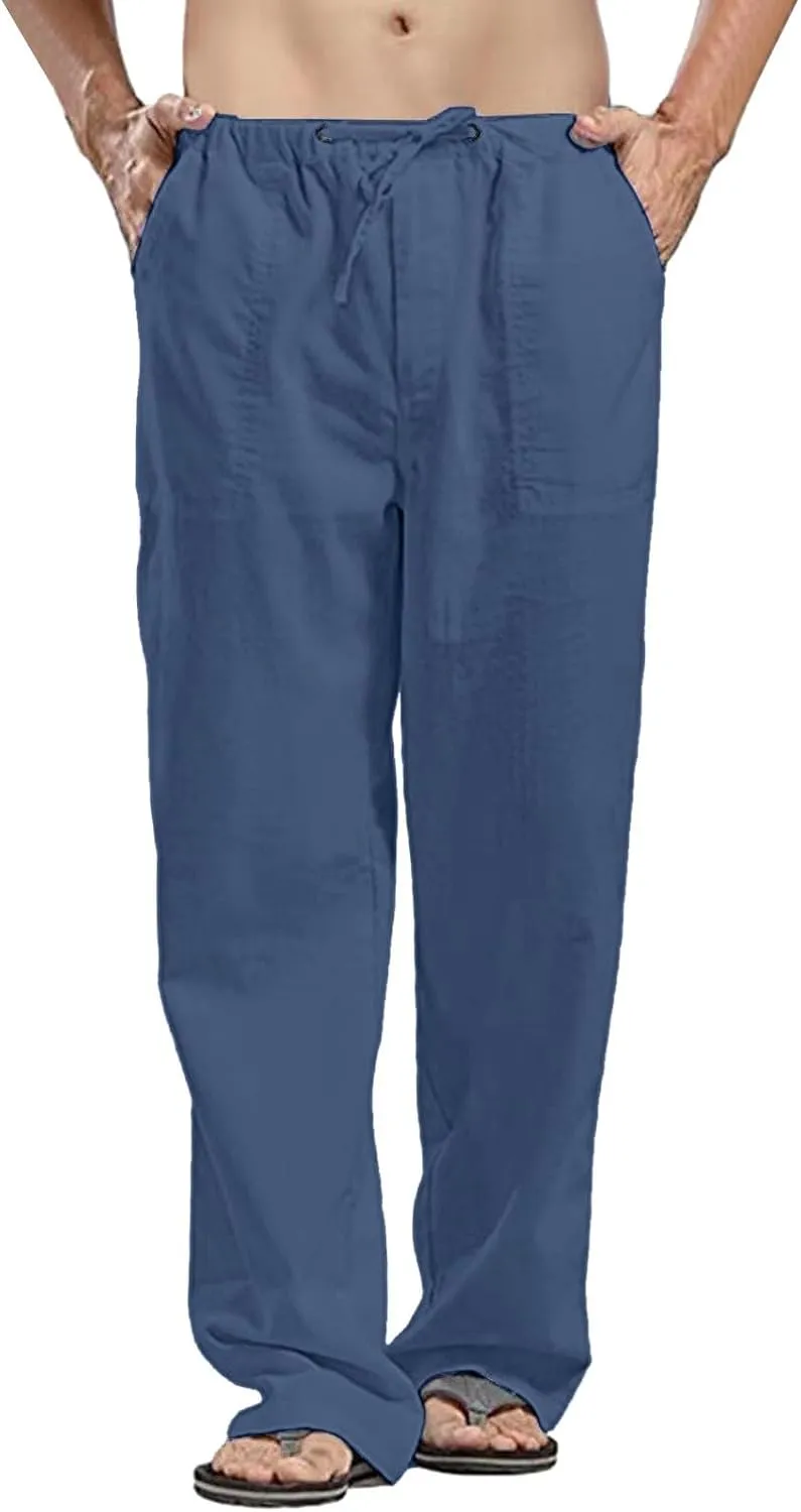 Casual Linen Pants for Men Baggy Drawstring Elastic Waist Classic Fit Trousers Work Sweatpants Multi Pockets Chino Pant Stretch Mens Thermal Underwear Bottoms