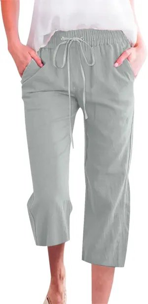 Cotton Linen Casual Summer Capri Drawstring Elastic Trousers Comfy Straight Leg Long Pants Straight Leg Loose Pants