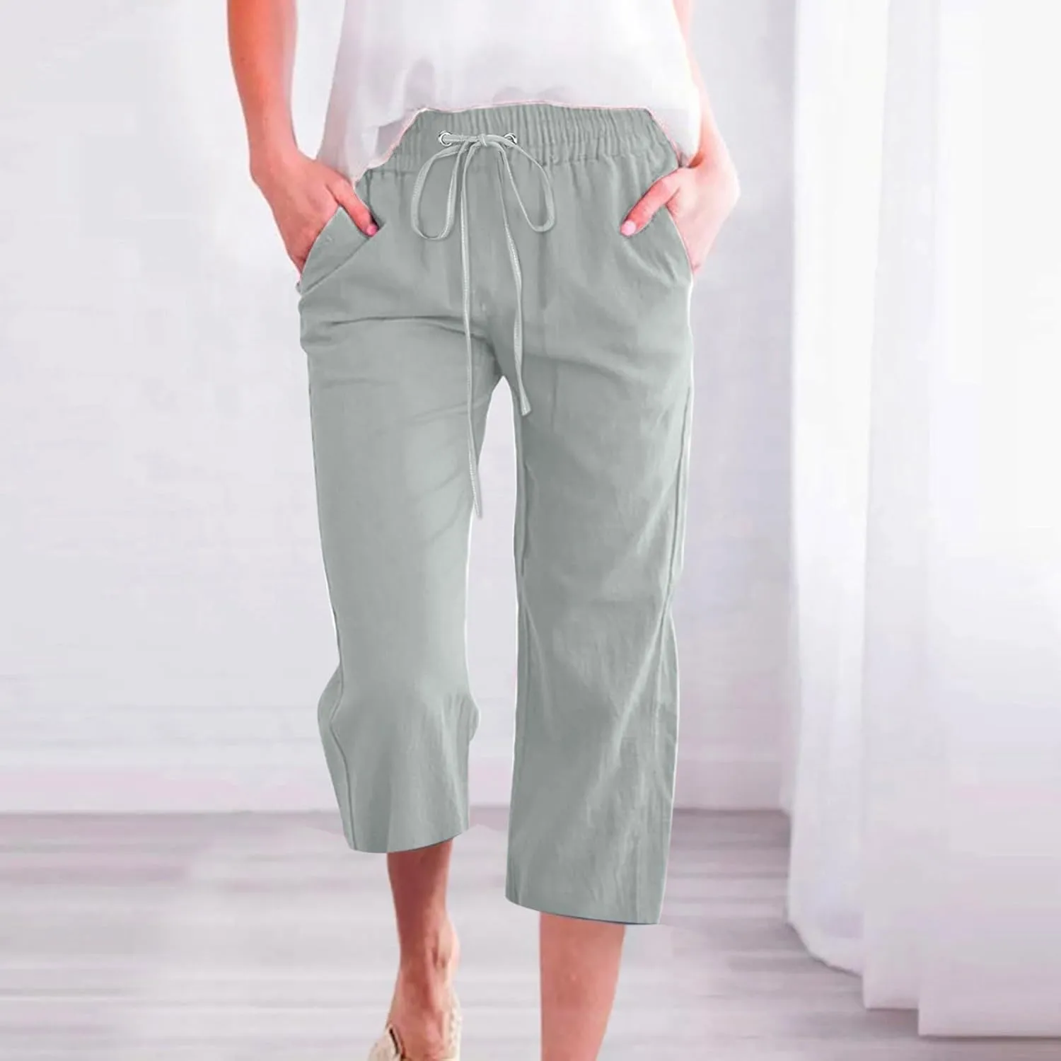 Cotton Linen Casual Summer Capri Drawstring Elastic Trousers Comfy Straight Leg Long Pants Straight Leg Loose Pants