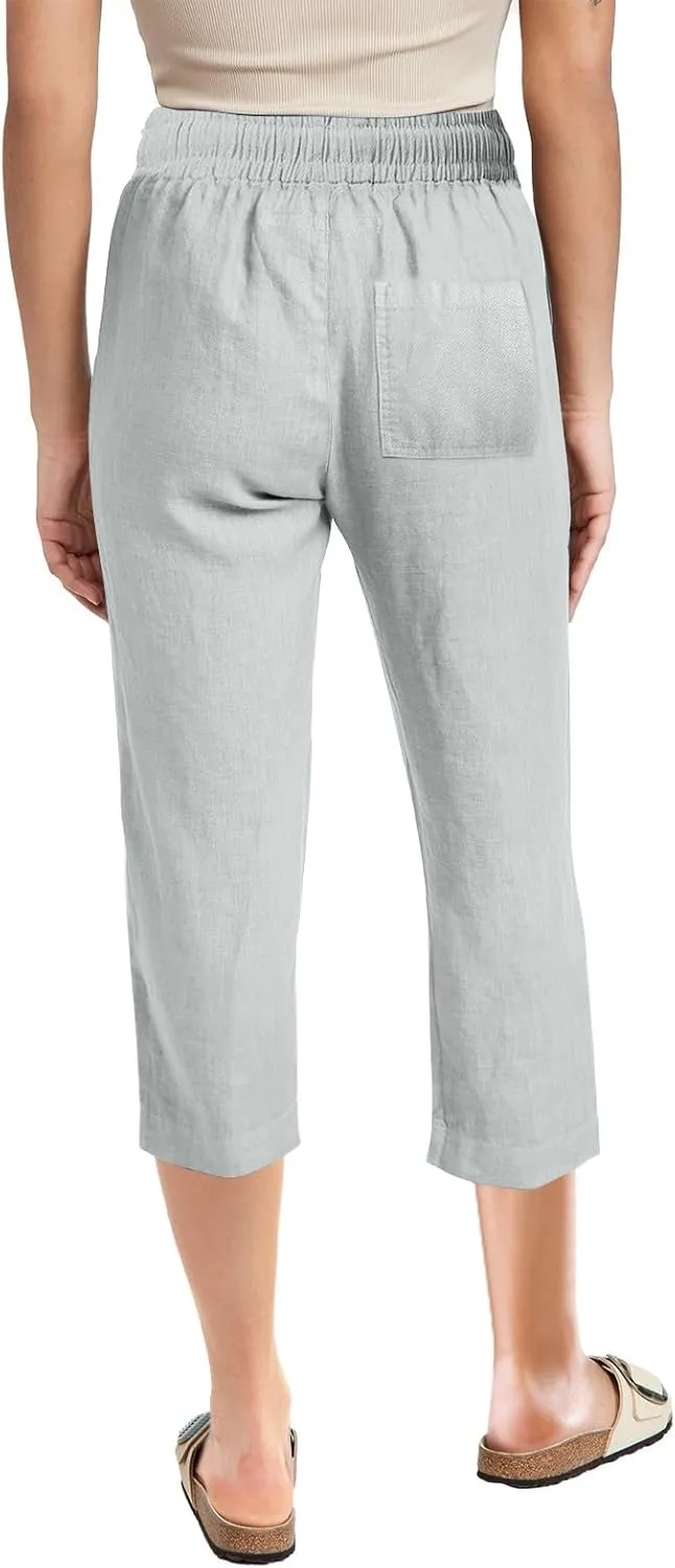 Cotton Linen Casual Summer Capri Drawstring Elastic Trousers Comfy Straight Leg Long Pants Straight Leg Loose Pants