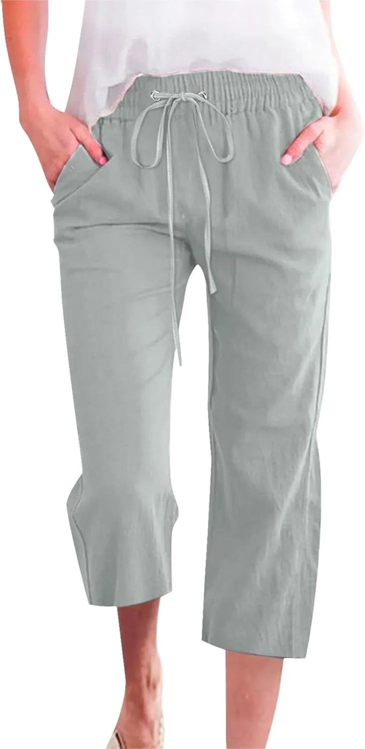 Cotton Linen Casual Summer Capri Drawstring Elastic Trousers Comfy Straight Leg Long Pants Straight Leg Loose Pants
