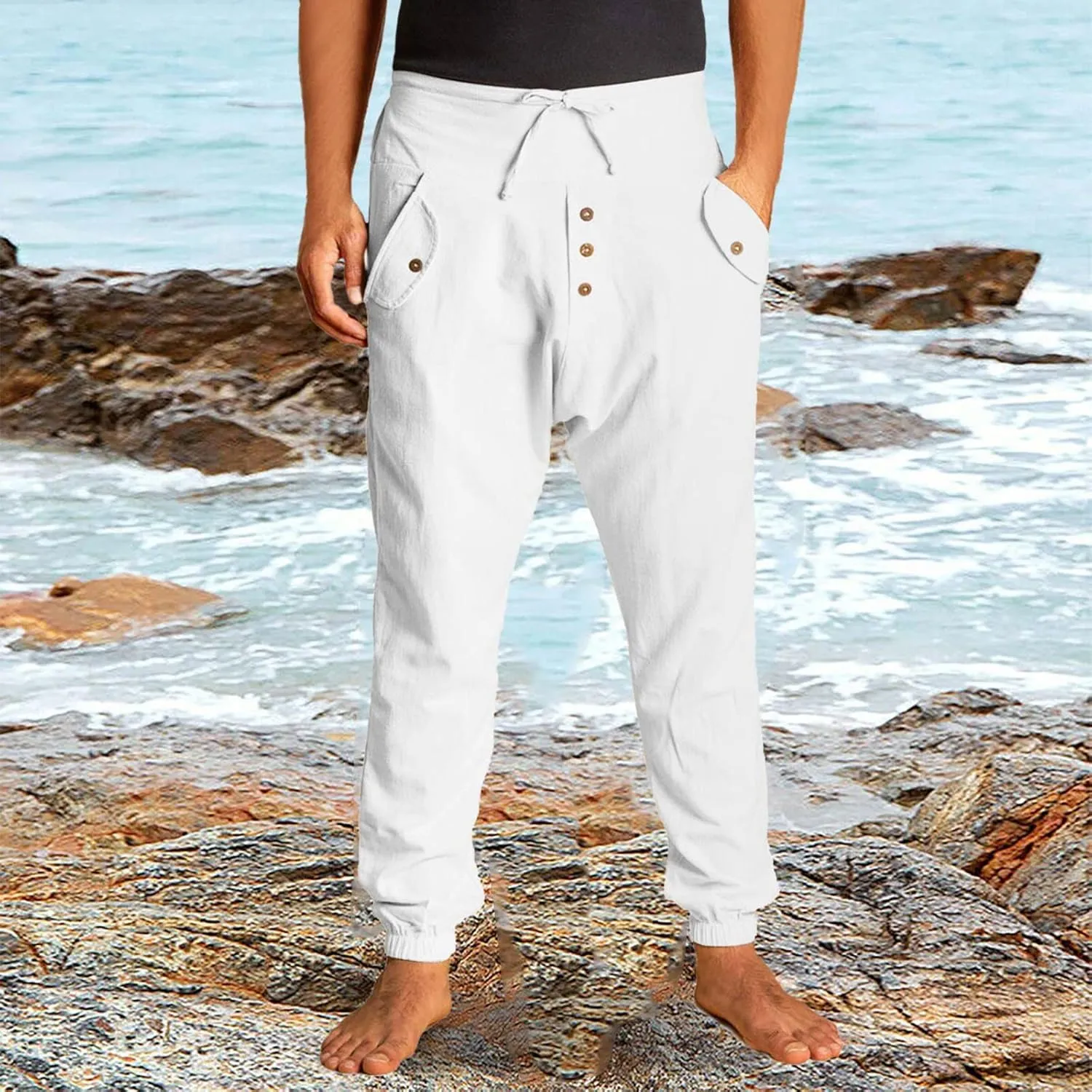 Cotton Linen Pants for Men High Rise Stretch Pants Loose Fit Simple Trousers Casual Trousers with Button Decoration