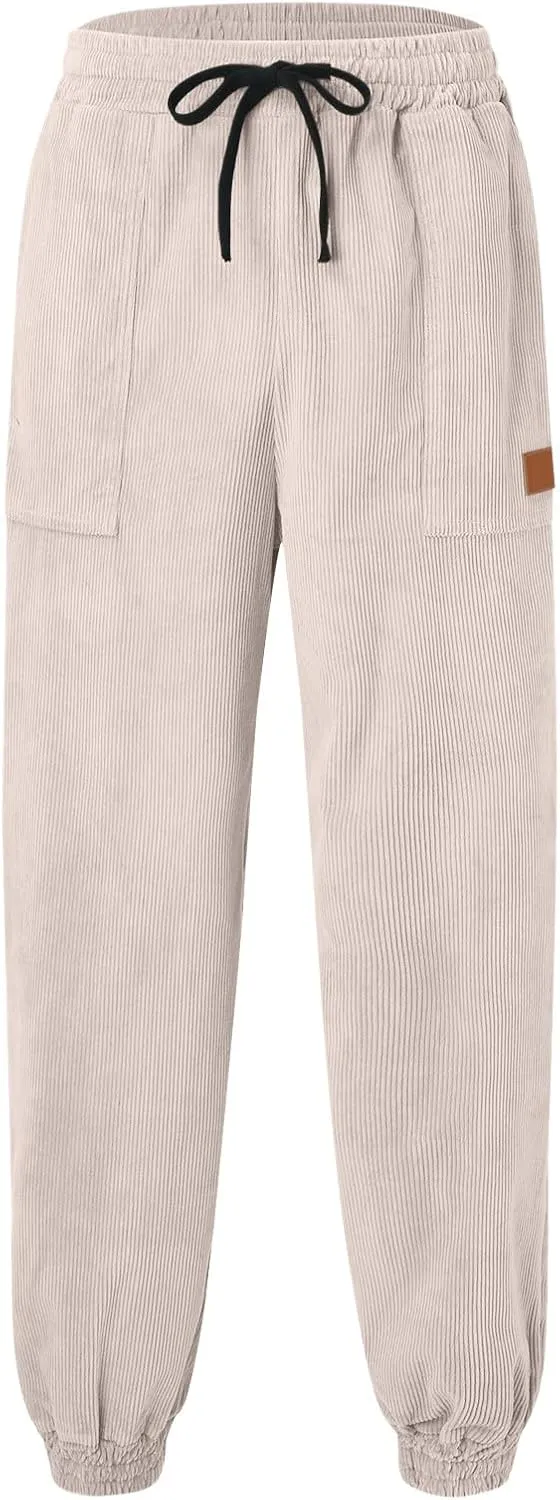 CRNTCEM Cuffed Corduory Sweatpant for Men Elastic Waist Casual Jogging Pants Winter Warm Straight Leg Athletic Harem Pants