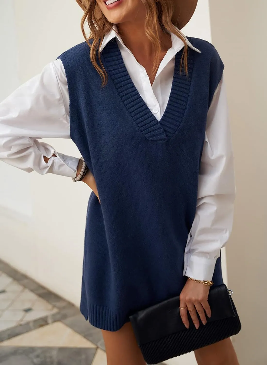 EVALESS Oversized Sweater Vest for Women V Neck Sleeveless Solid Color Loose Pullover Sweater