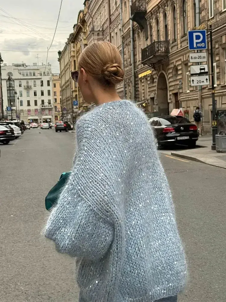 Fashion Shiny Sequins Women Mohair Knitted Cardigan V Neck Long Lantern Sleeve Sweater