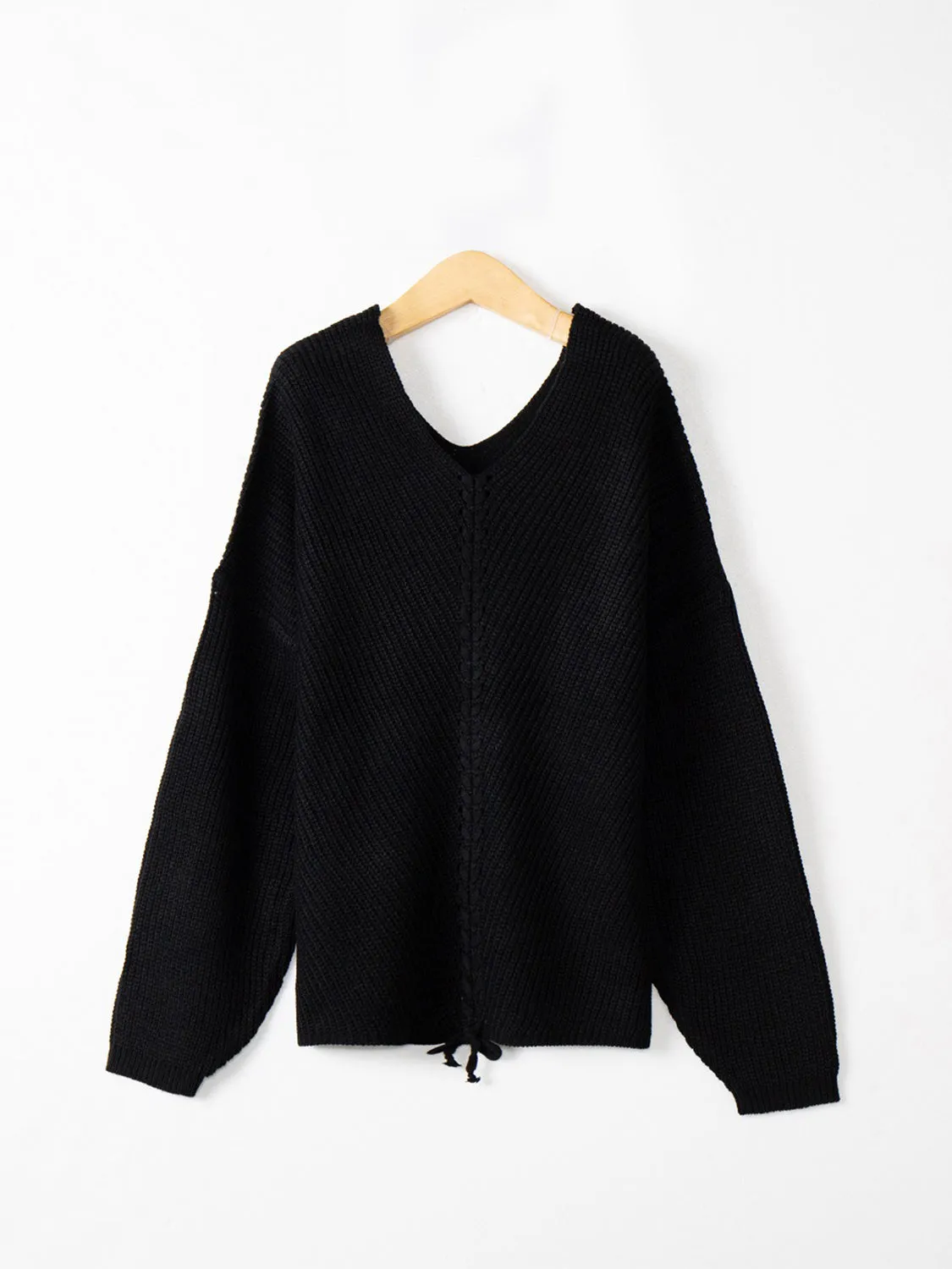 Full Size Lace Up V-Neck Long Sleeve Sweater