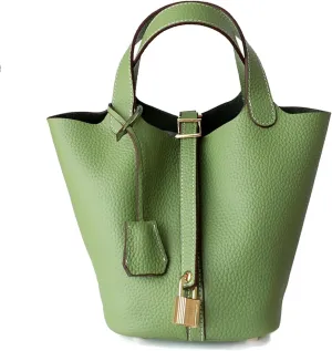 Genuine Leather Handbag Lock Design Bucket Bag Vegetable Basket Fashionable Versatile Shoulder Bag Birthday Gift