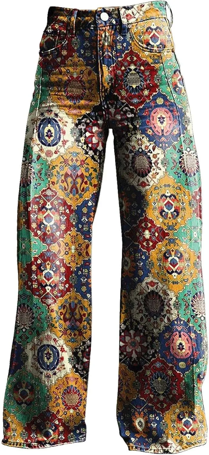GOKKILRW Wide Leg Pants Woman High Waist Floral Patterned Pants Lightweight Loose Fit Casual Colorful Trouser Imitation Jeans
