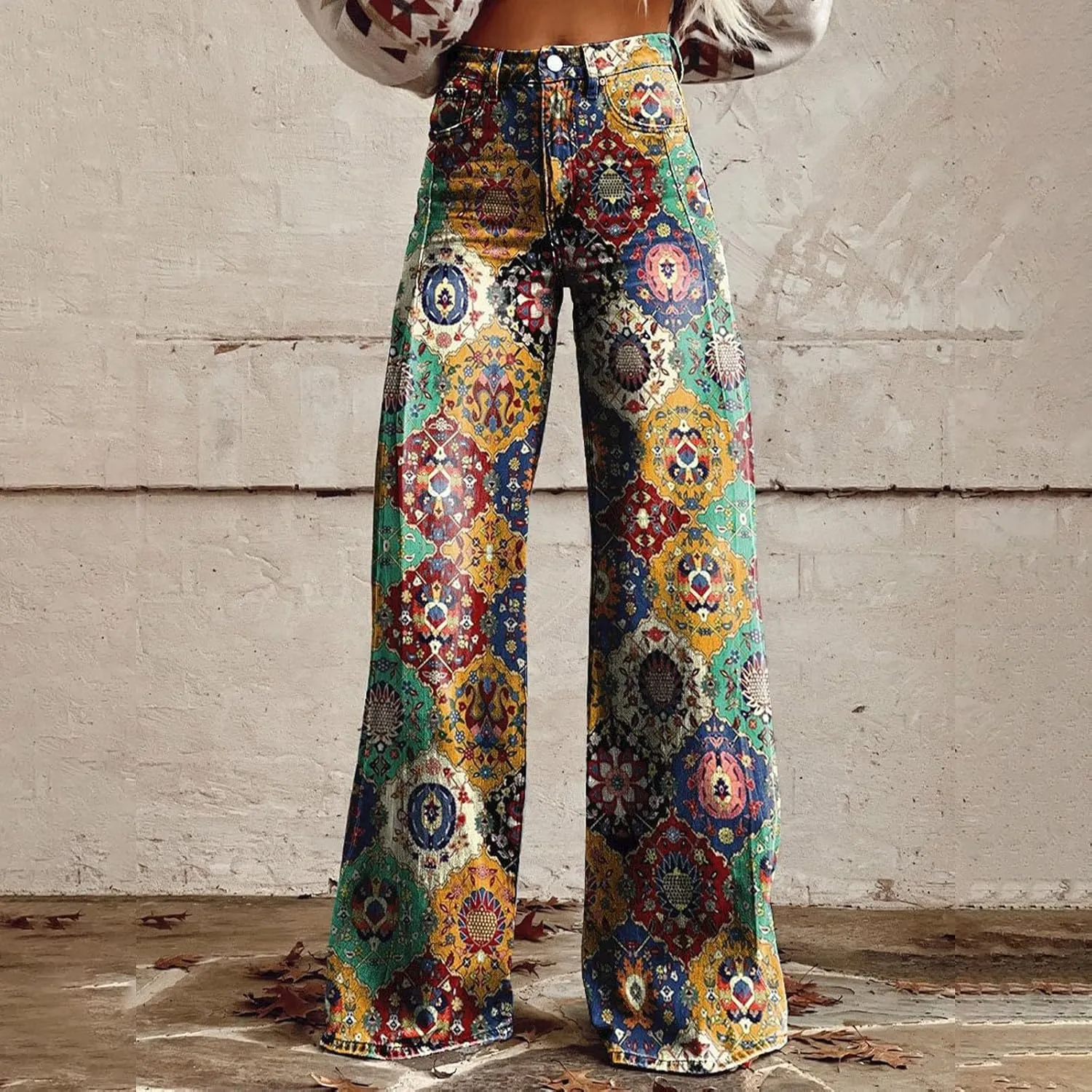 GOKKILRW Wide Leg Pants Woman High Waist Floral Patterned Pants Lightweight Loose Fit Casual Colorful Trouser Imitation Jeans