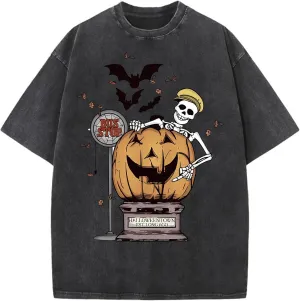 Halloween Shirts Oversized Unisex Vintage Acid Wash T-Shirt Cotton Halloween Fall Short Sleeve Tee Tops for Men Women