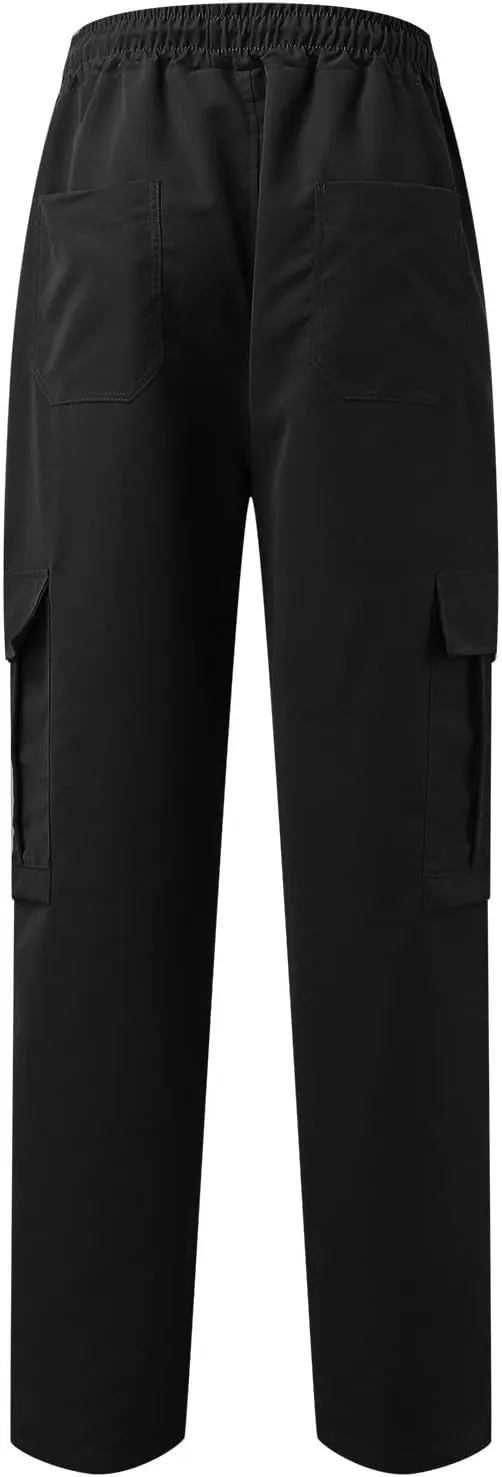hlysgo Men's Cargo Pants High Waisted Drawstring Wide Leg Straight Pants Casual Loose Fit Cotton Hiking Pants with Pockets