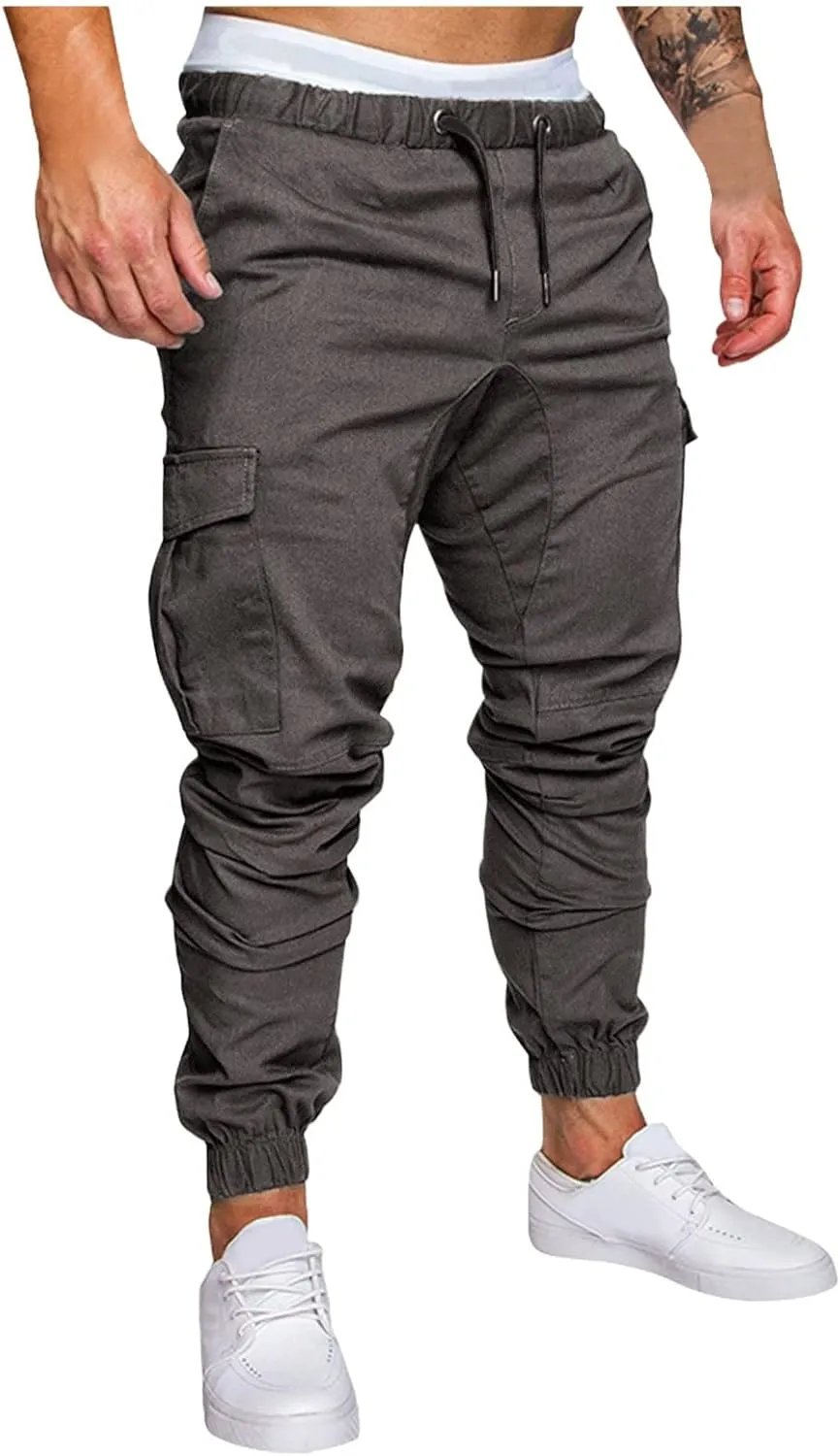 Joggers for Men Slim Fit Elastic Waist Athletic Hiking Cargo Sweatpants Drawstring Casual Pants with Pockets