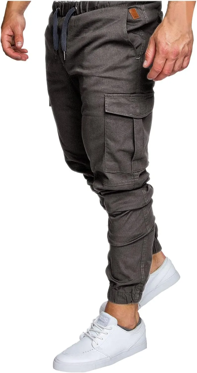 Joggers for Men Slim Fit Elastic Waist Athletic Hiking Cargo Sweatpants Drawstring Casual Pants with Pockets