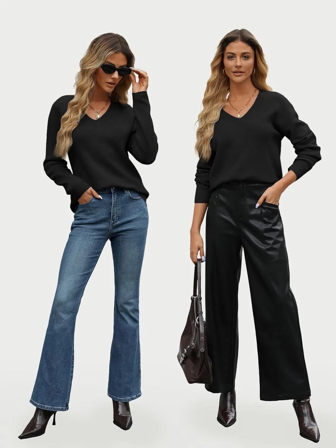 LILLUSORY Womens V Neck Sweater Long Sleeve Shirts Fall Fashion Clothes 2025 Knit Trendy Slim Fitted Tops
