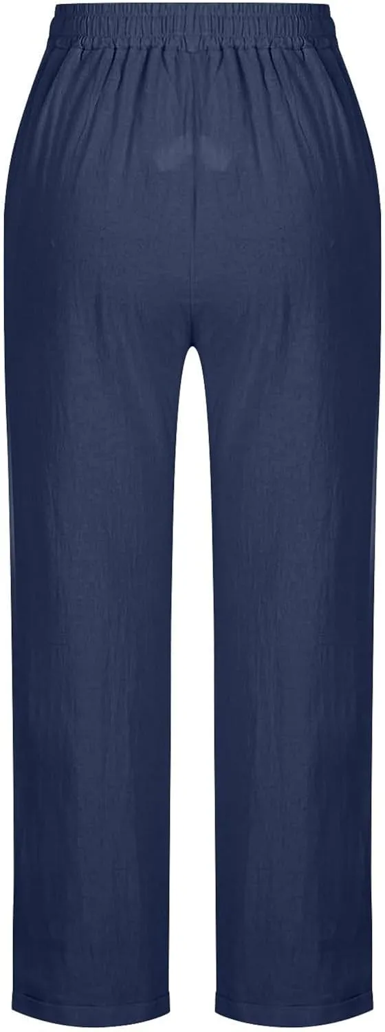 Linen Pants for Women Summer Lightweight Drawstring Waisted Casual Trousers Wide Leg Beach Lounge Pants with Pockets