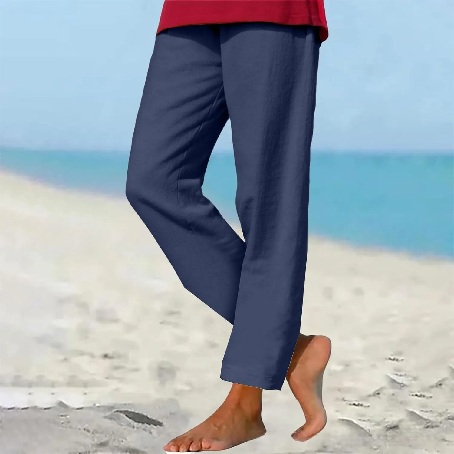 Linen Pants for Women Summer Lightweight Drawstring Waisted Casual Trousers Wide Leg Beach Lounge Pants with Pockets