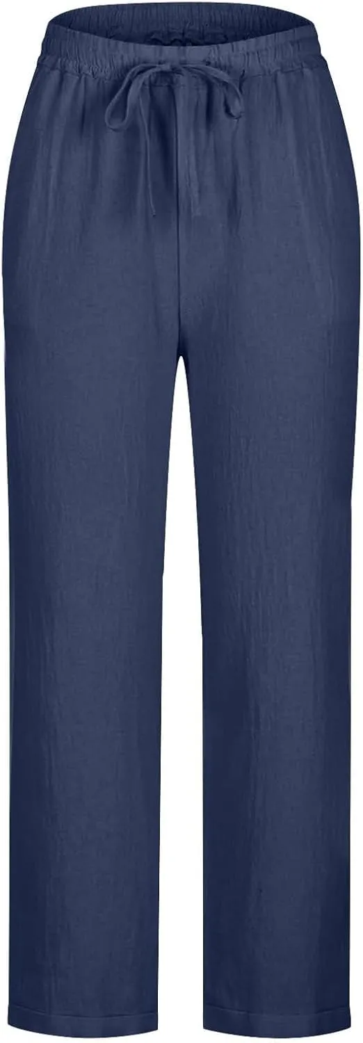 Linen Pants for Women Summer Lightweight Drawstring Waisted Casual Trousers Wide Leg Beach Lounge Pants with Pockets