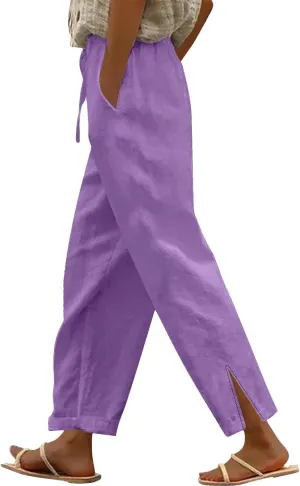 Linen Pants Women High Waisted Elastic Drawstring Beach Pants Casual Loose Lightweight Wide Leg Trousers with Pockets