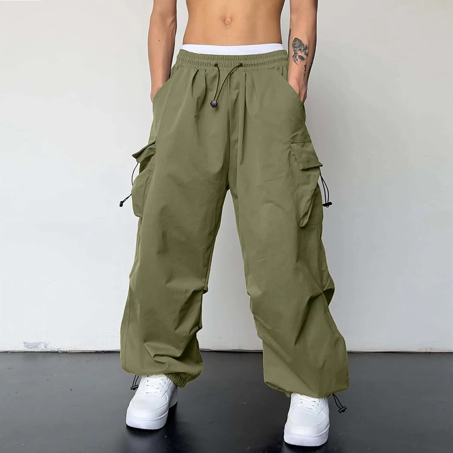 Mens Baggy Cargo Pants Parachute Pants Causal Loose Fit Joggers Trendy Harem Pants Hip Hop Streetwear with Pockets
