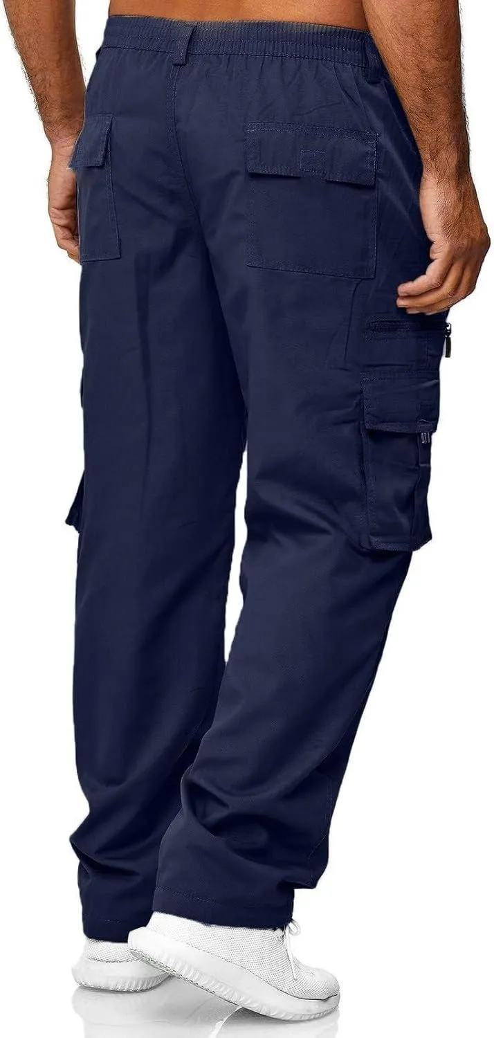 Men's Cargo Sweatpants Heavyweight Baggy Elastic Waist Athletic Jogger Pants Straight Leg Drawstring Trousers
