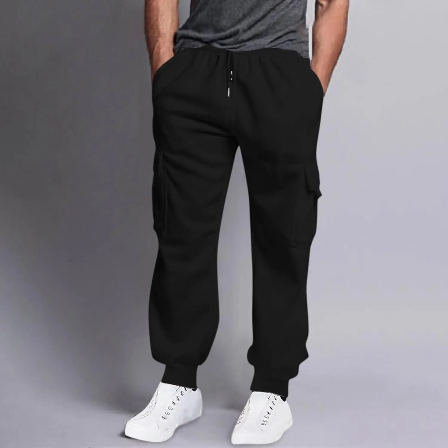 Men's Casual Cargo Pants Workout Joggers Loose Sports Running Solid Color Lace Up Cargo Pants Mens Cargo Hiking Pants