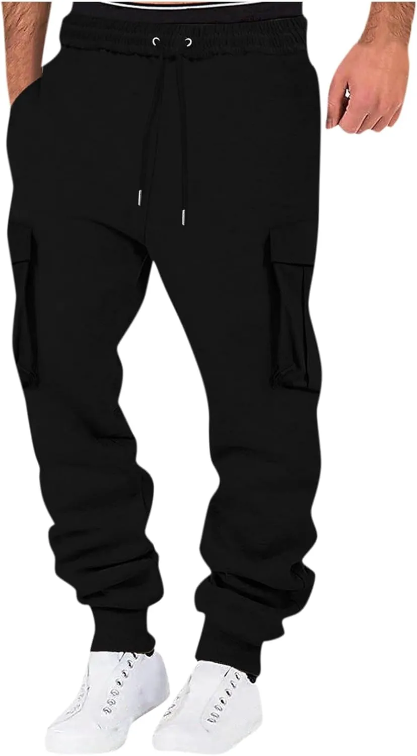 Men's Casual Cargo Pants Workout Joggers Loose Sports Running Solid Color Lace Up Cargo Pants Mens Cargo Hiking Pants