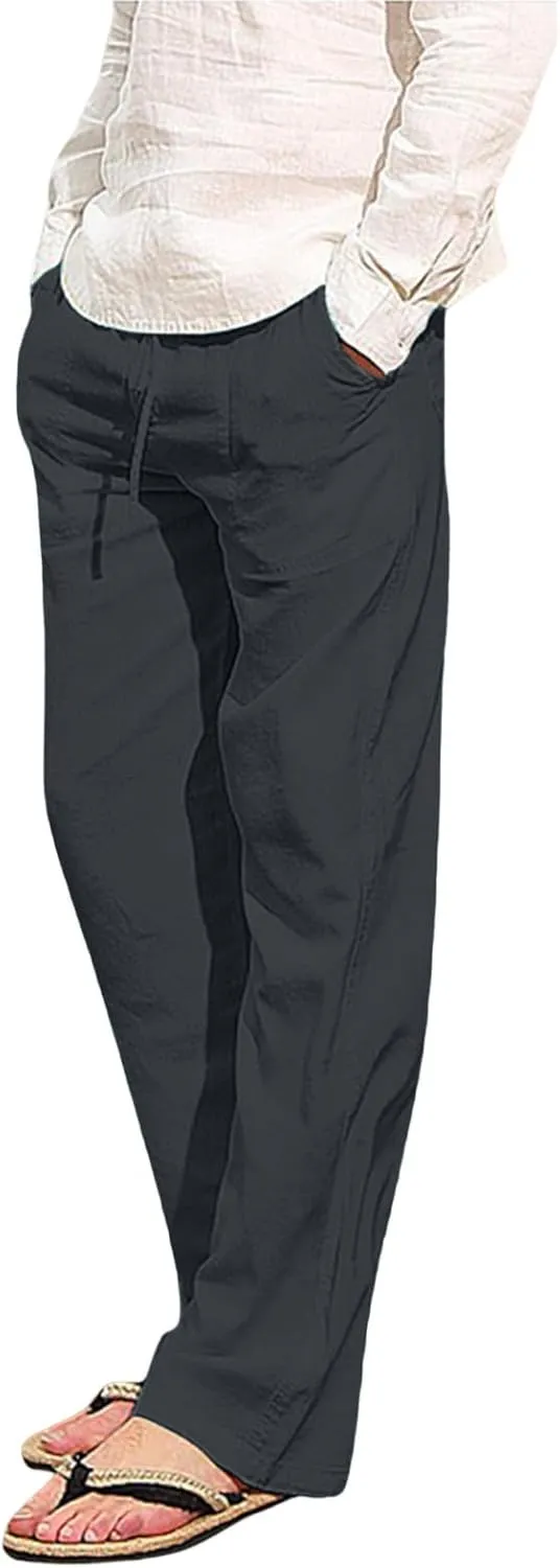 Men's Cotton Linen Casual Loose Fit Elastic Drawstring Waist Summer Beach Pants Joggers Sweatpants, Tactical Pants Men