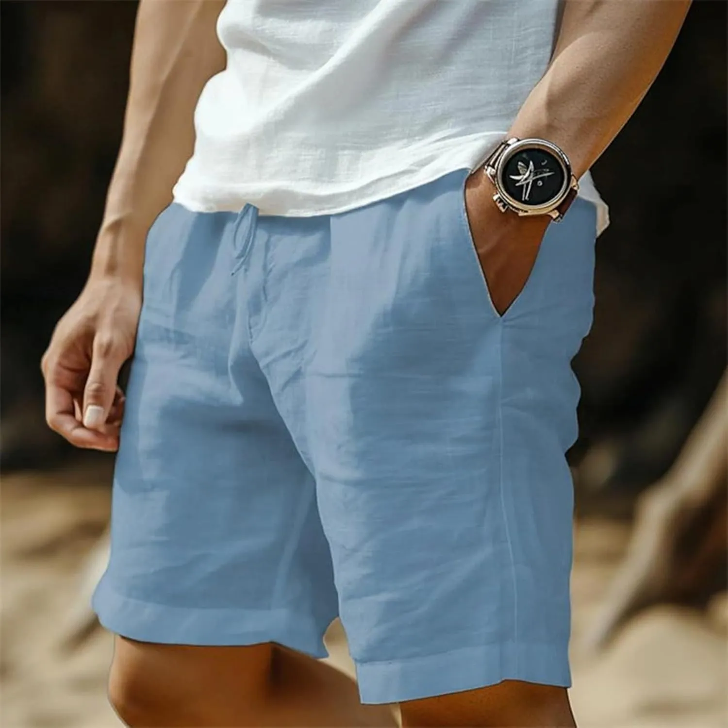 Men's Cotton Linen Shorts Solid Color Casual Pocket Button Shorts with Pockets
