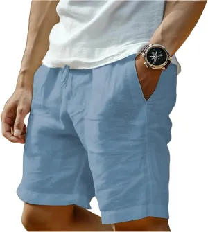 Men's Cotton Linen Shorts Solid Color Casual Pocket Button Shorts with Pockets
