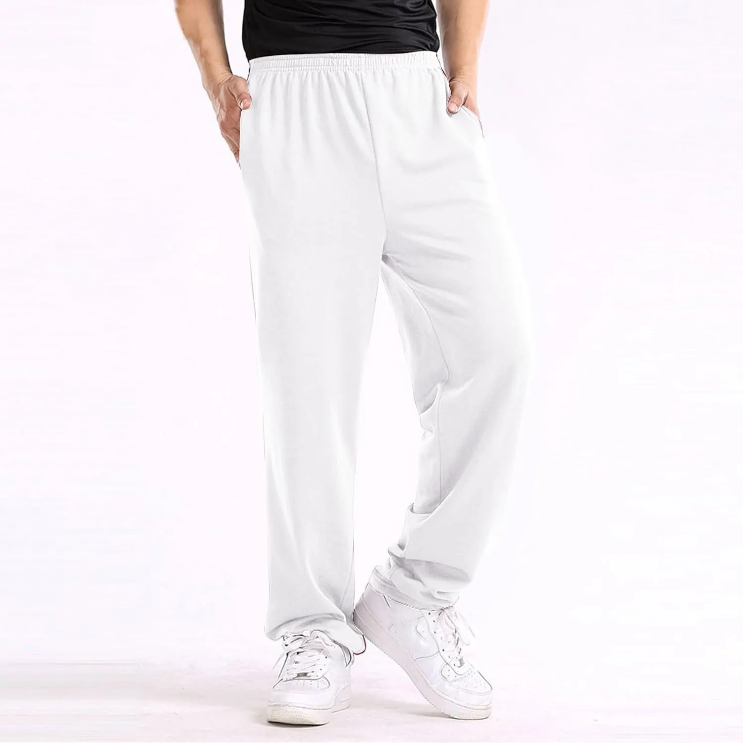 Mens Cotton Pants, Casual Solid Color Elastic Waist Drawstring Pants, Lightweight Summer Beach Trousers with Pockets