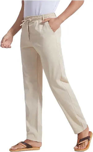Men's Drawstring Linen Pants Lightweight Casual Regular Fit Elastic Waist Twill Pant Straight Summer Beach Trousers