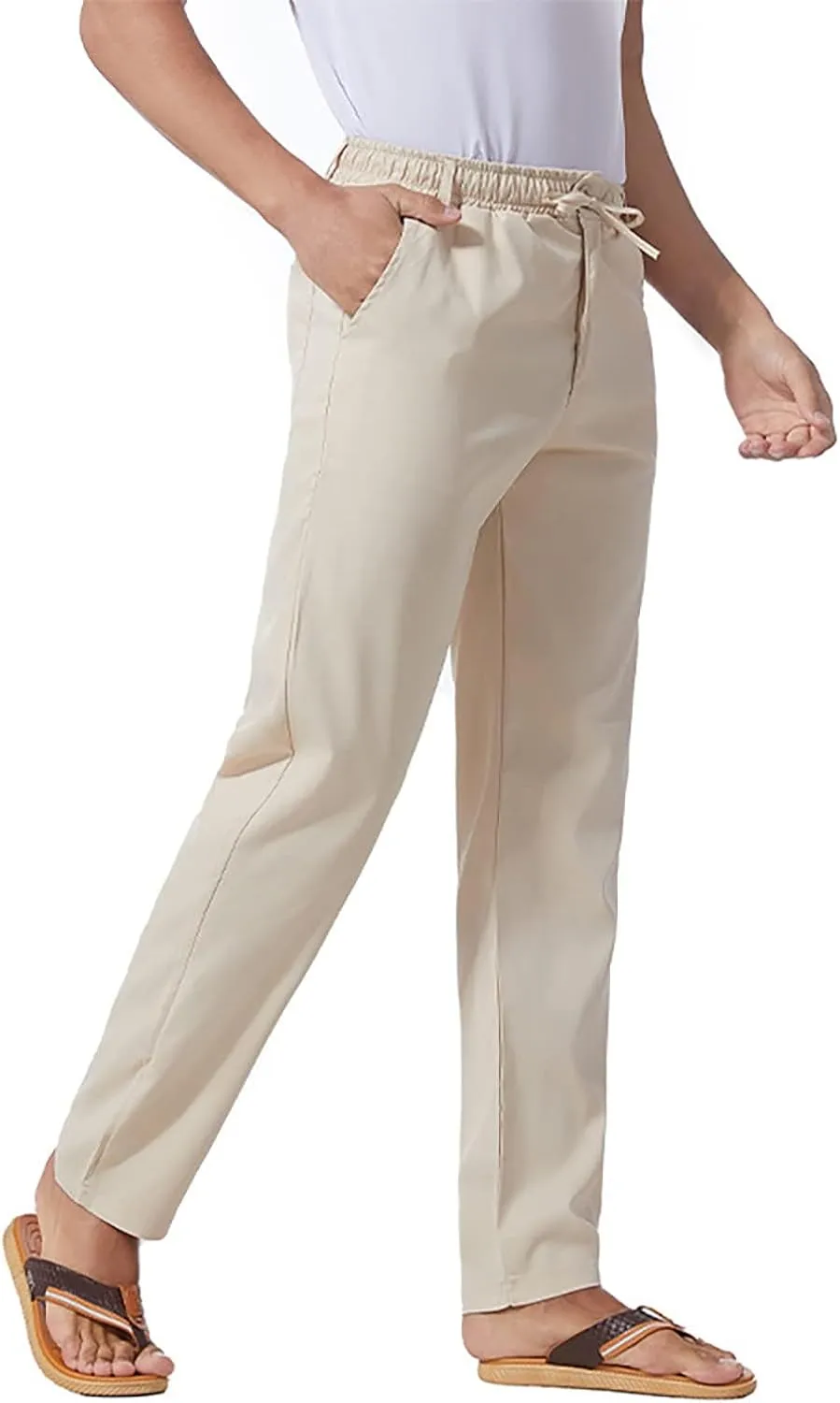 Men's Drawstring Linen Pants Lightweight Casual Regular Fit Elastic Waist Twill Pant Straight Summer Beach Trousers