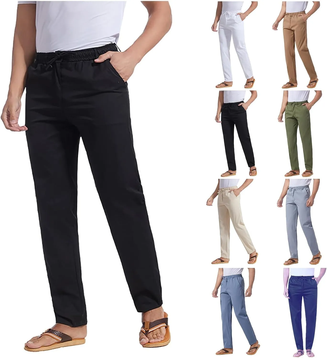 Men's Drawstring Linen Pants Lightweight Casual Regular Fit Elastic Waist Twill Pant Straight Summer Beach Trousers