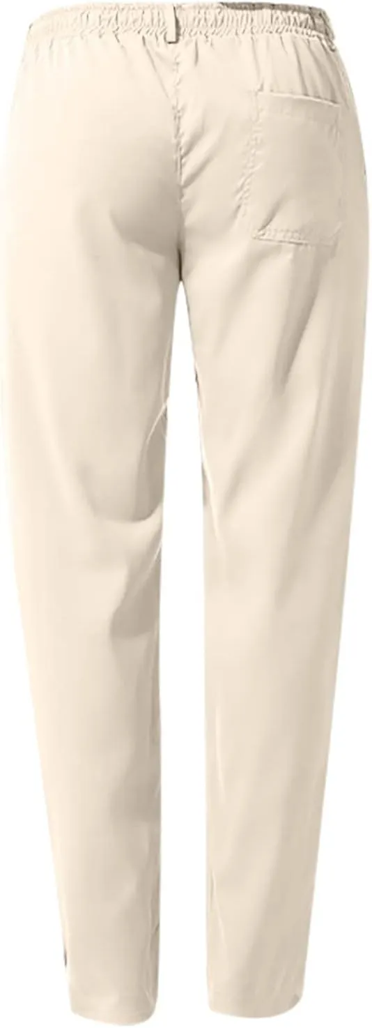Men's Drawstring Linen Pants Lightweight Casual Regular Fit Elastic Waist Twill Pant Straight Summer Beach Trousers