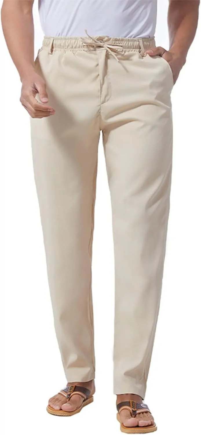 Men's Drawstring Linen Pants Lightweight Casual Regular Fit Elastic Waist Twill Pant Straight Summer Beach Trousers