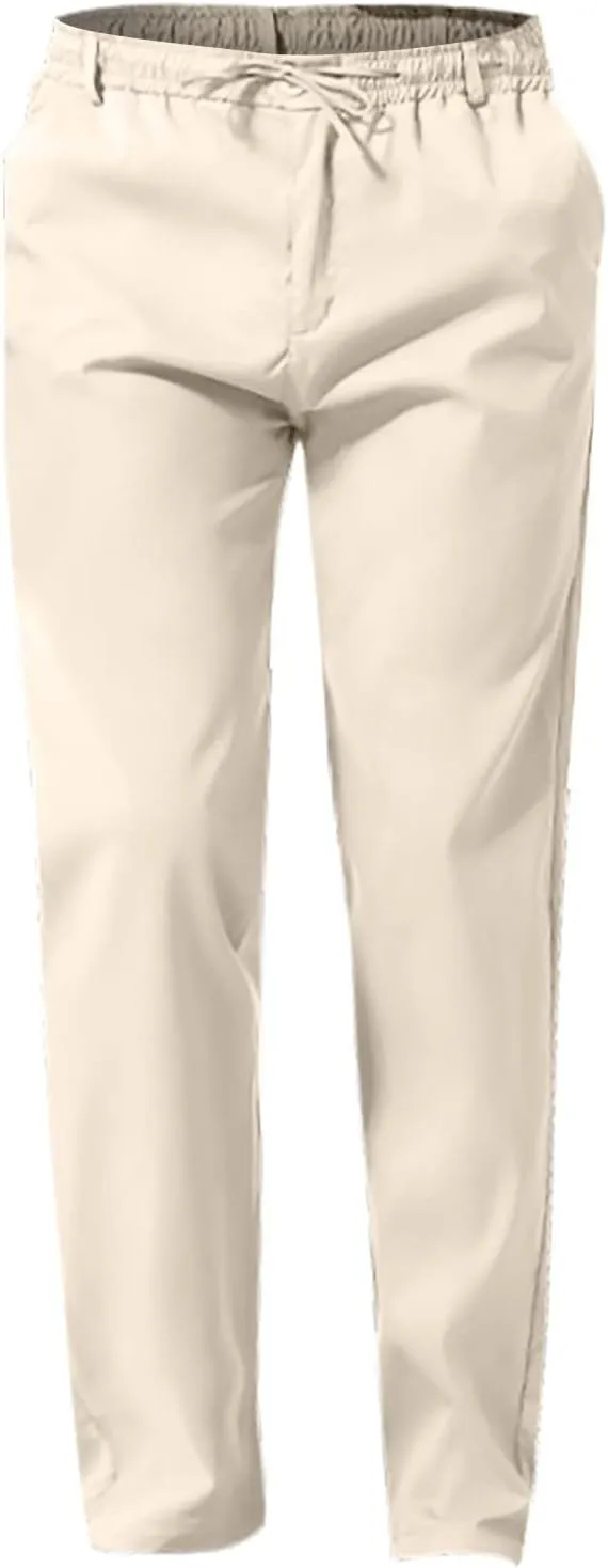 Men's Drawstring Linen Pants Lightweight Casual Regular Fit Elastic Waist Twill Pant Straight Summer Beach Trousers