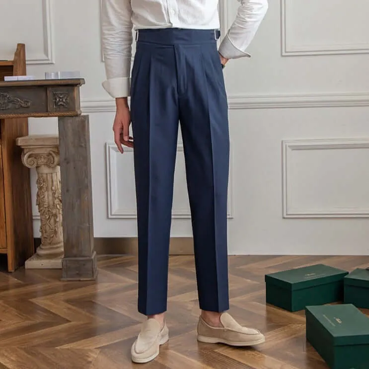 Men's High-Waisted Tailored Trousers: Pleated Front, Adjustable Buckle