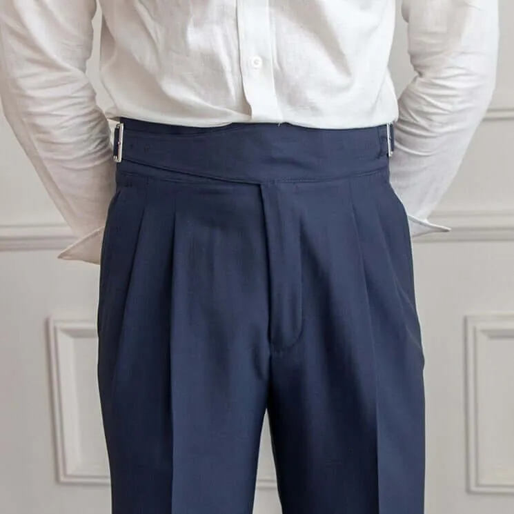 Men's High-Waisted Tailored Trousers: Pleated Front, Adjustable Buckle