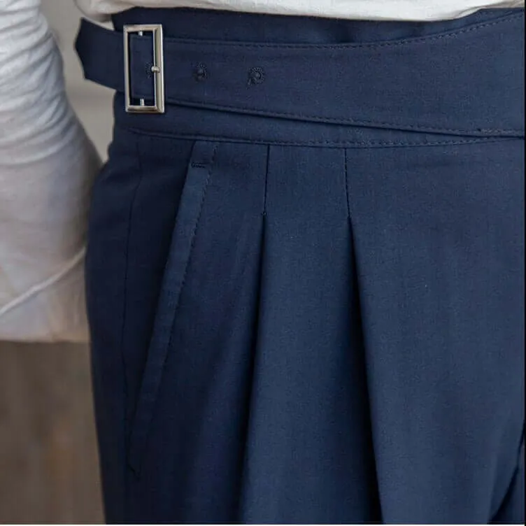 Men's High-Waisted Tailored Trousers: Pleated Front, Adjustable Buckle