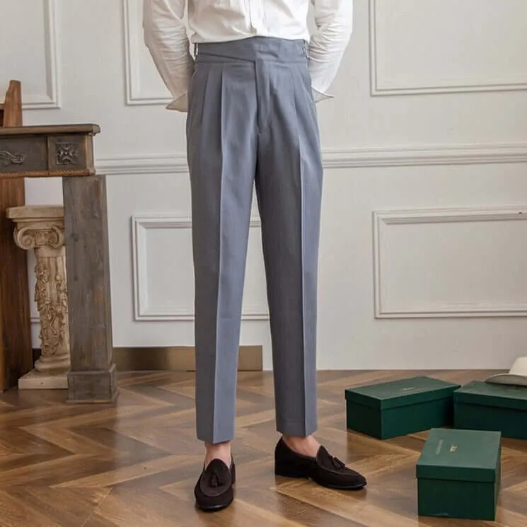 Men's High-Waisted Tailored Trousers: Pleated Front, Adjustable Buckle