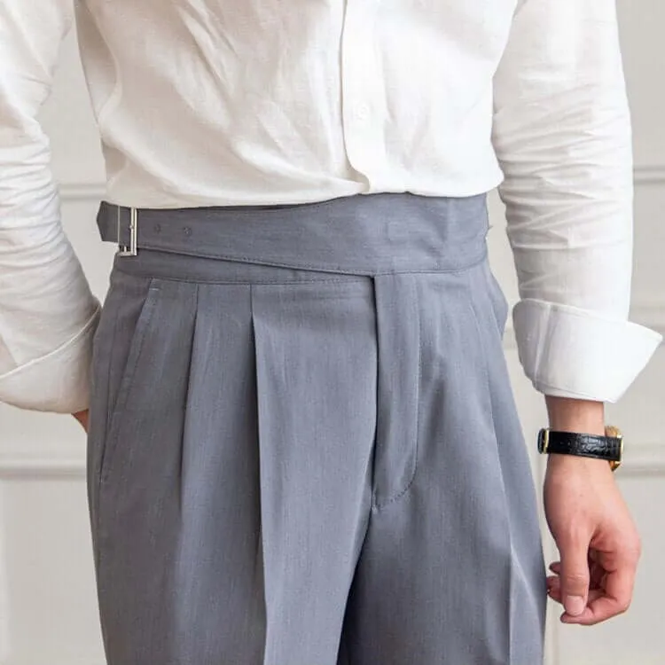 Men's High-Waisted Tailored Trousers: Pleated Front, Adjustable Buckle