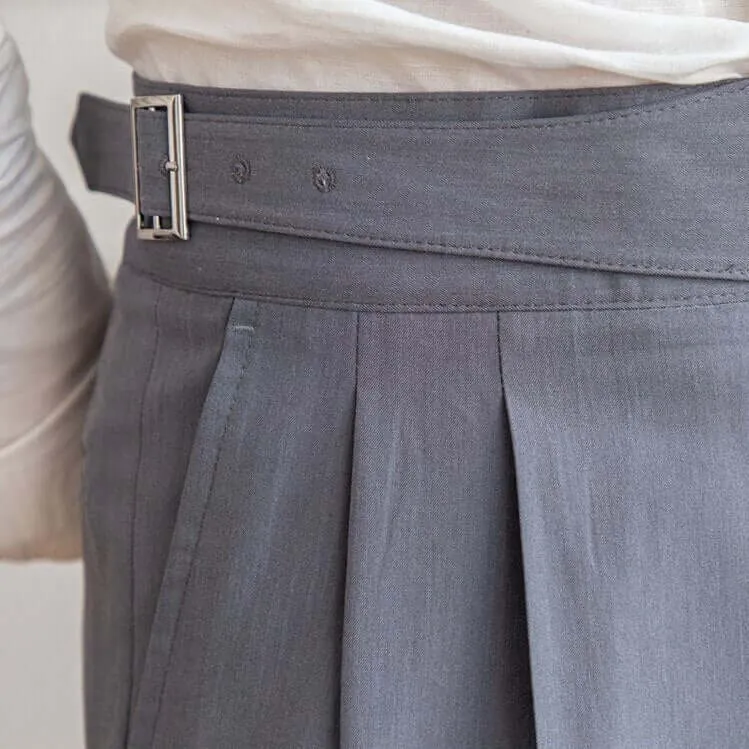 Men's High-Waisted Tailored Trousers: Pleated Front, Adjustable Buckle