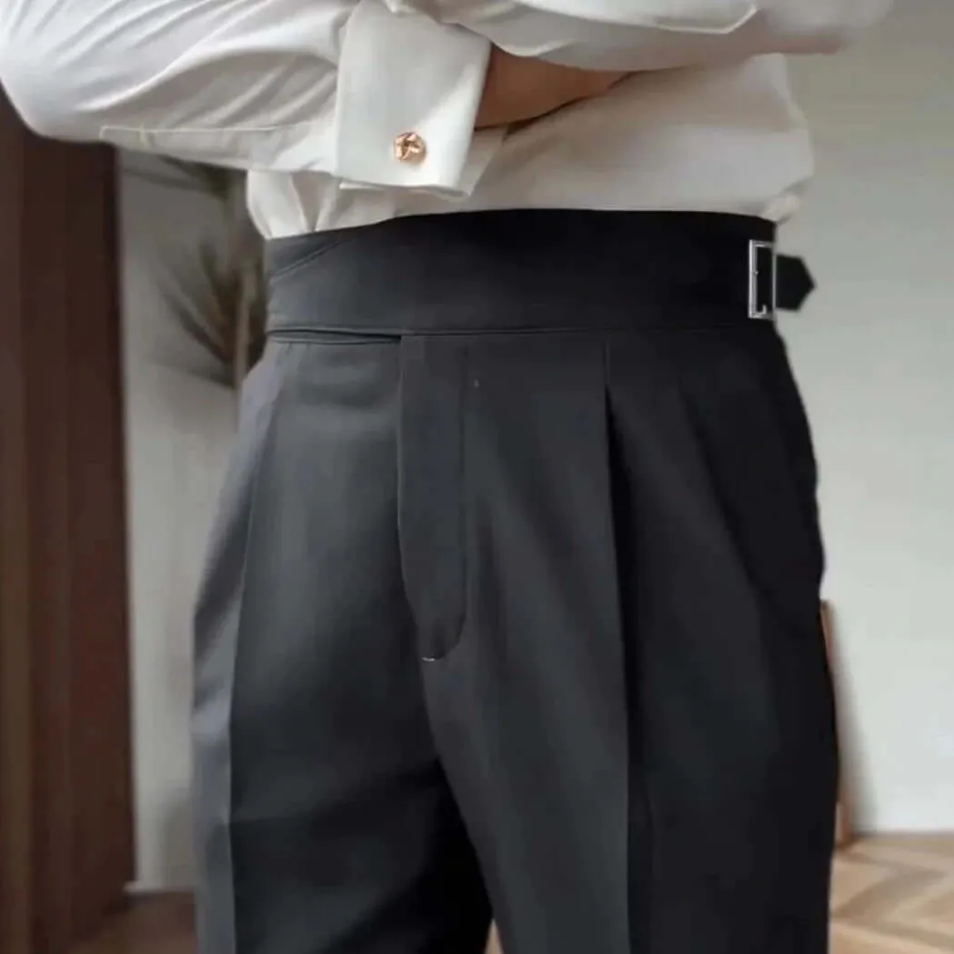 Men's High-Waisted Tailored Trousers: Pleated Front, Adjustable Buckle