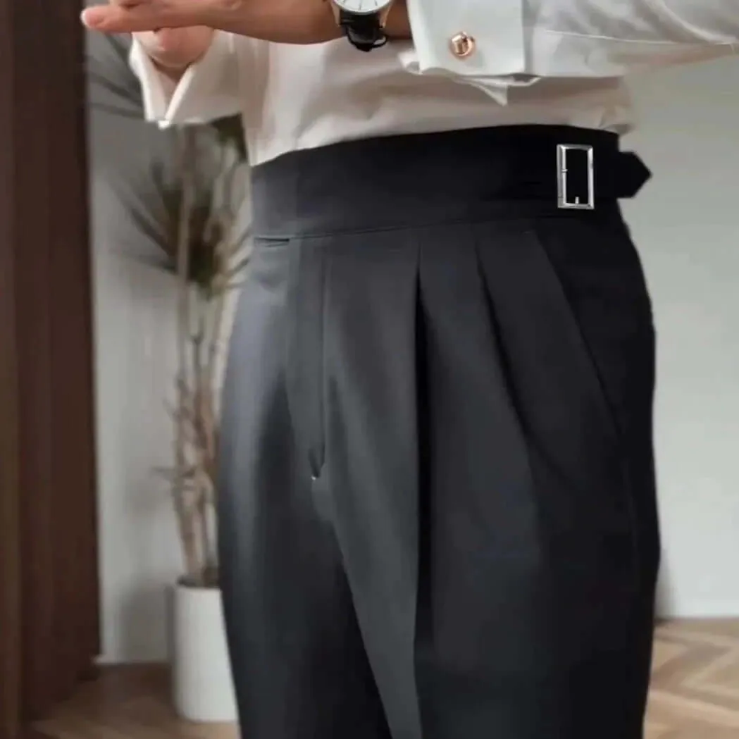 Men's High-Waisted Tailored Trousers: Pleated Front, Adjustable Buckle